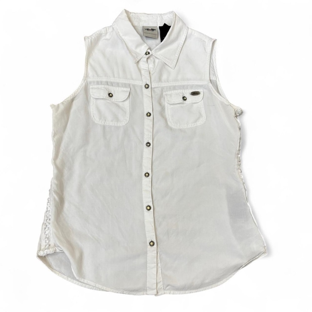 Harley Davidson Women's Medium Sleeveless Button Up Shirt Lace Up Sides White - Picture 3 of 6